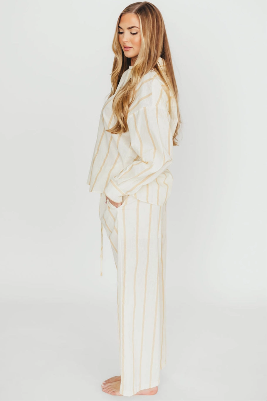 Sicily Button-Down Top in Beige Stripe - Nursing Friendly