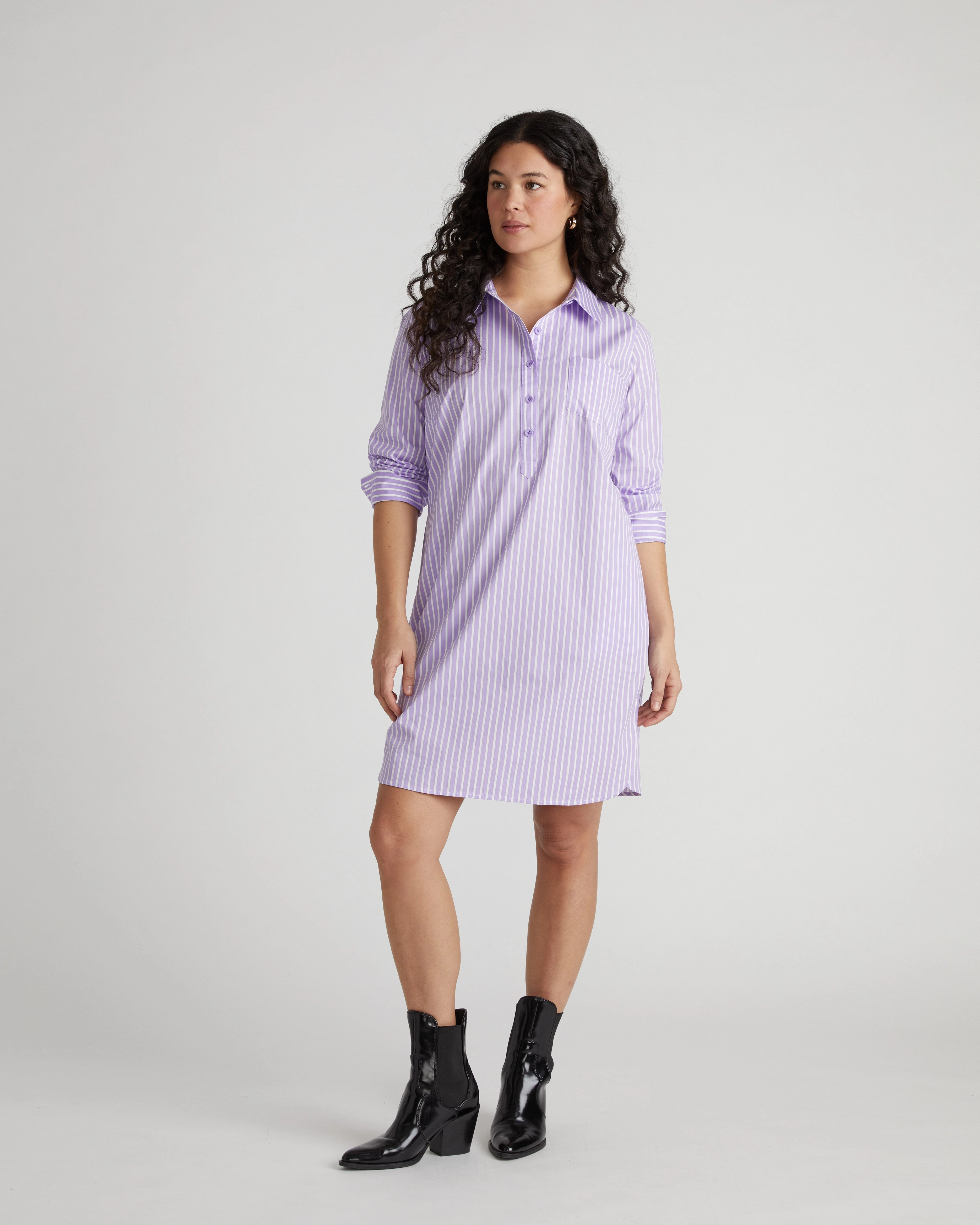 Stretch Poplin Rubicon Shirtdress - Lavender/White Stripe