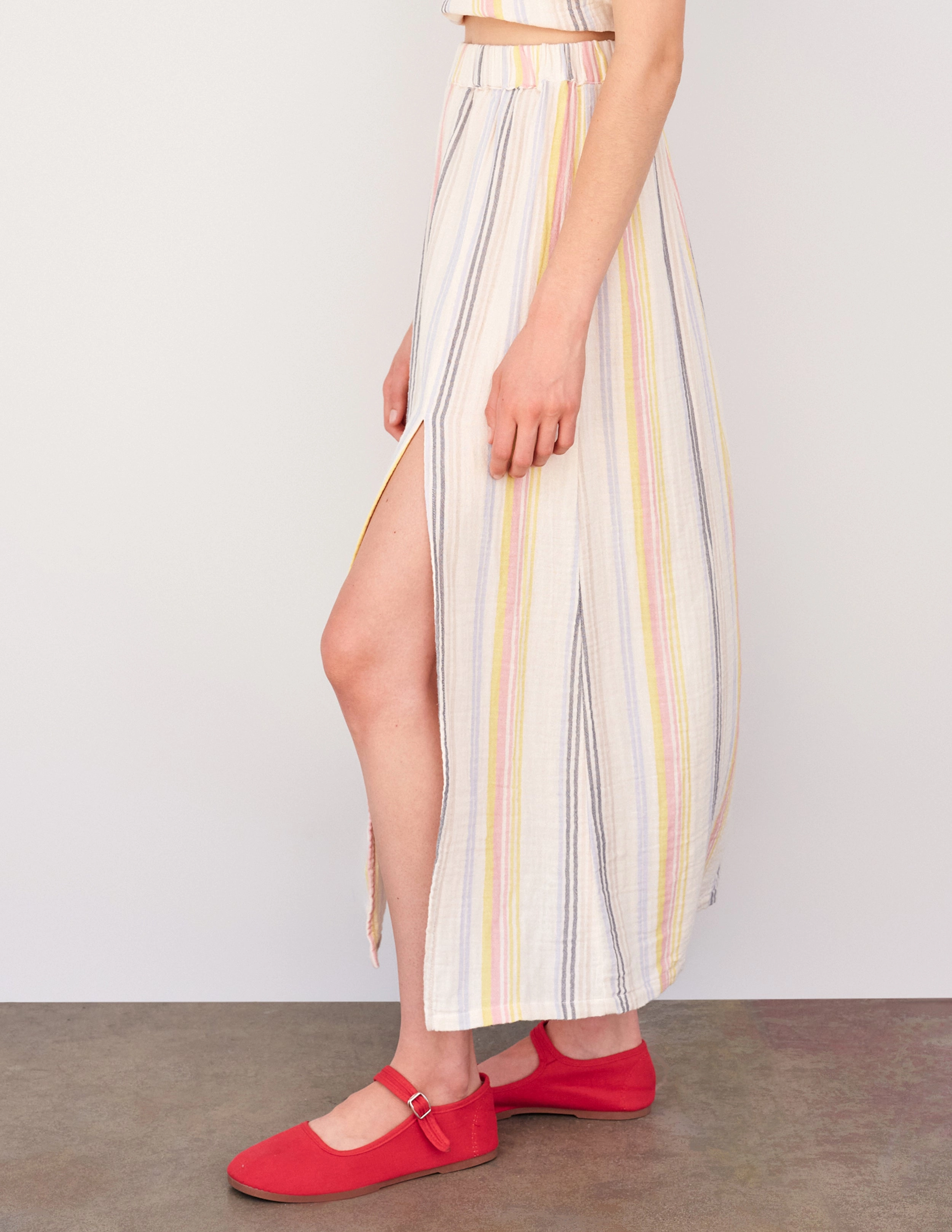 Sundry Long Skirt with Slit in Cream/Multi Stripes