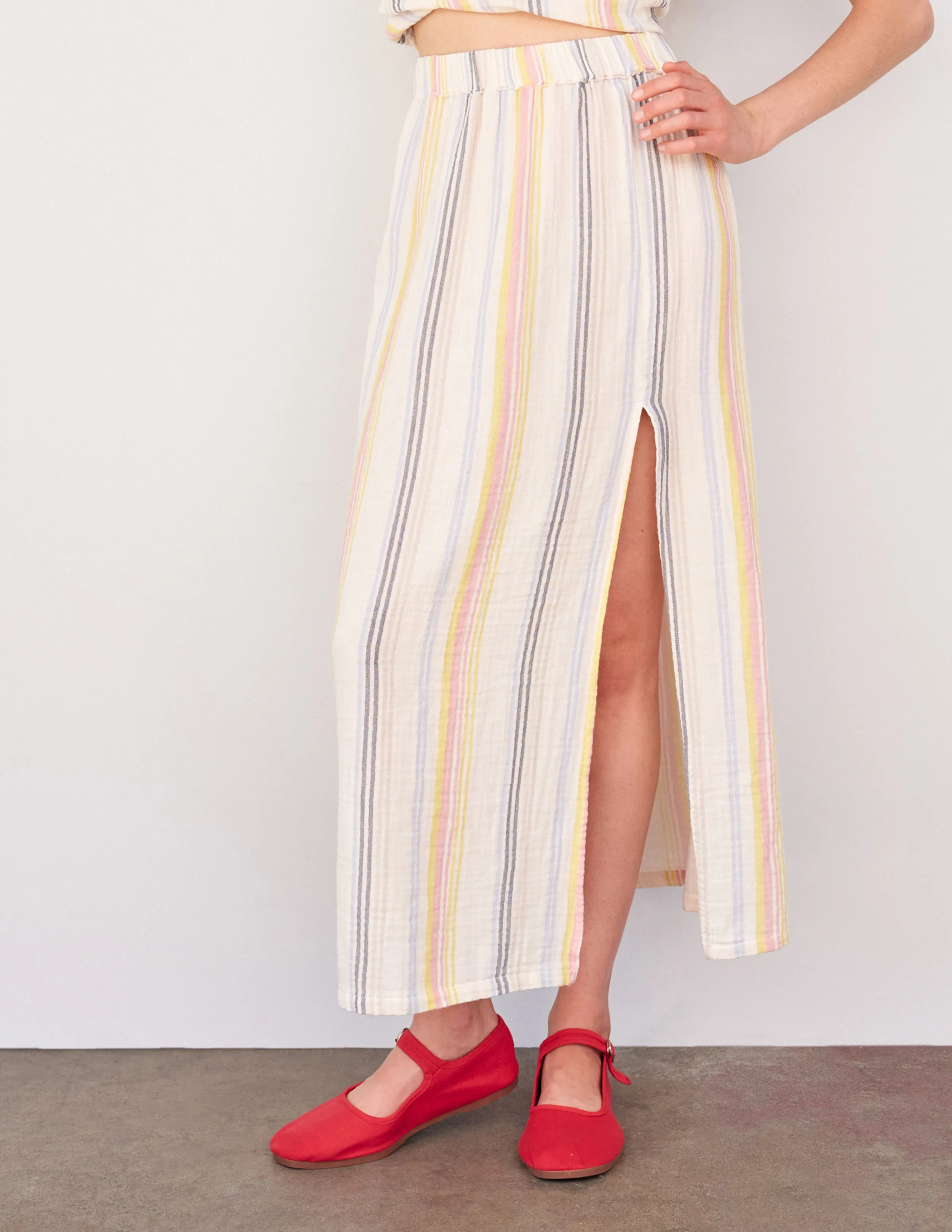 Sundry Long Skirt with Slit in Cream/Multi Stripes