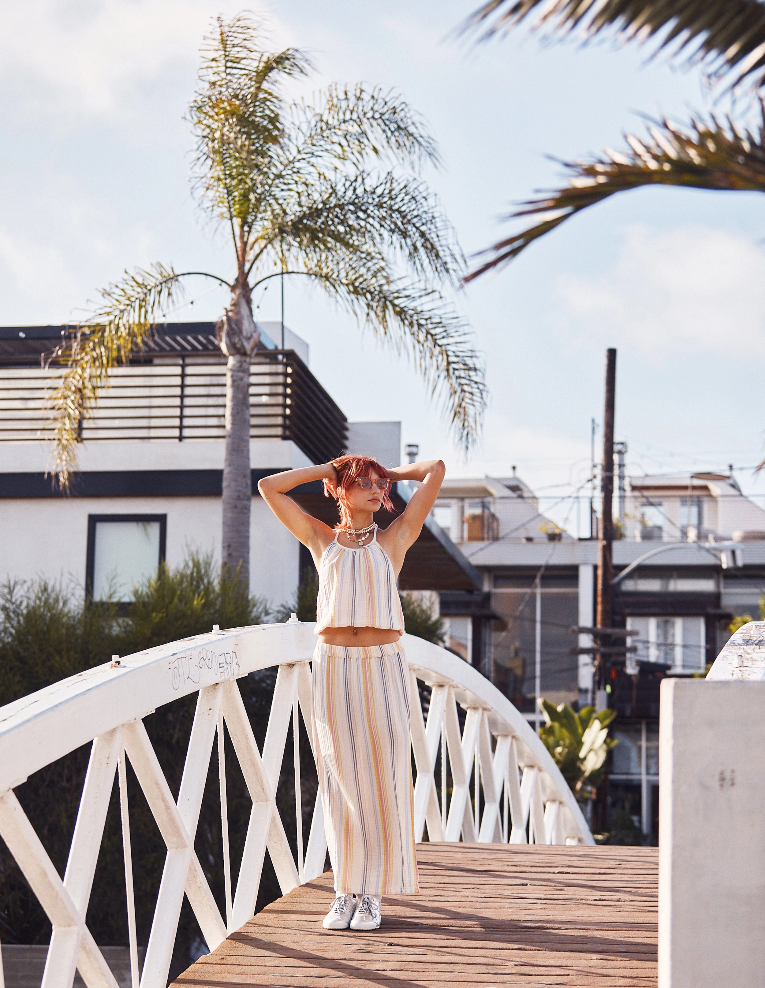 Sundry Long Skirt with Slit in Cream/Multi Stripes