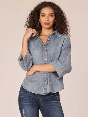 Three Quarter Sleeve Button Down Front Embellished Petite Knit Top