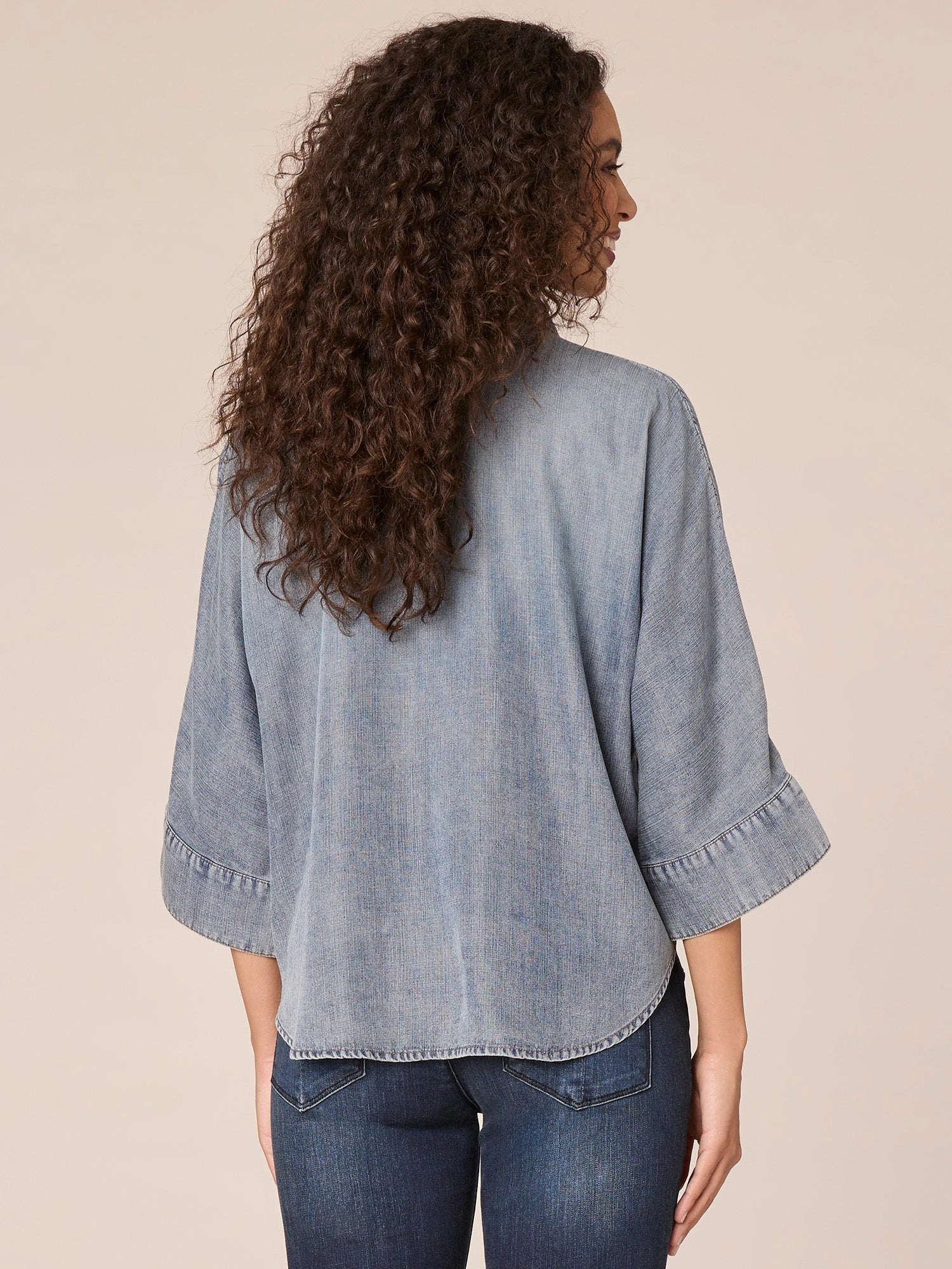 Three Quarter Sleeve Button Down Front Embellished Petite Knit Top