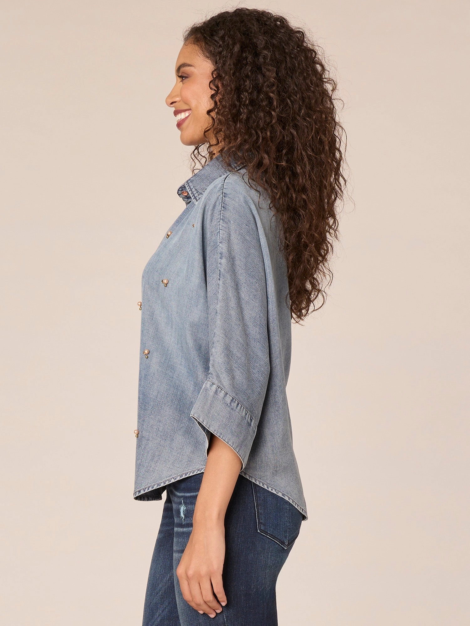 Three Quarter Sleeve Button Down Front Embellished Petite Knit Top