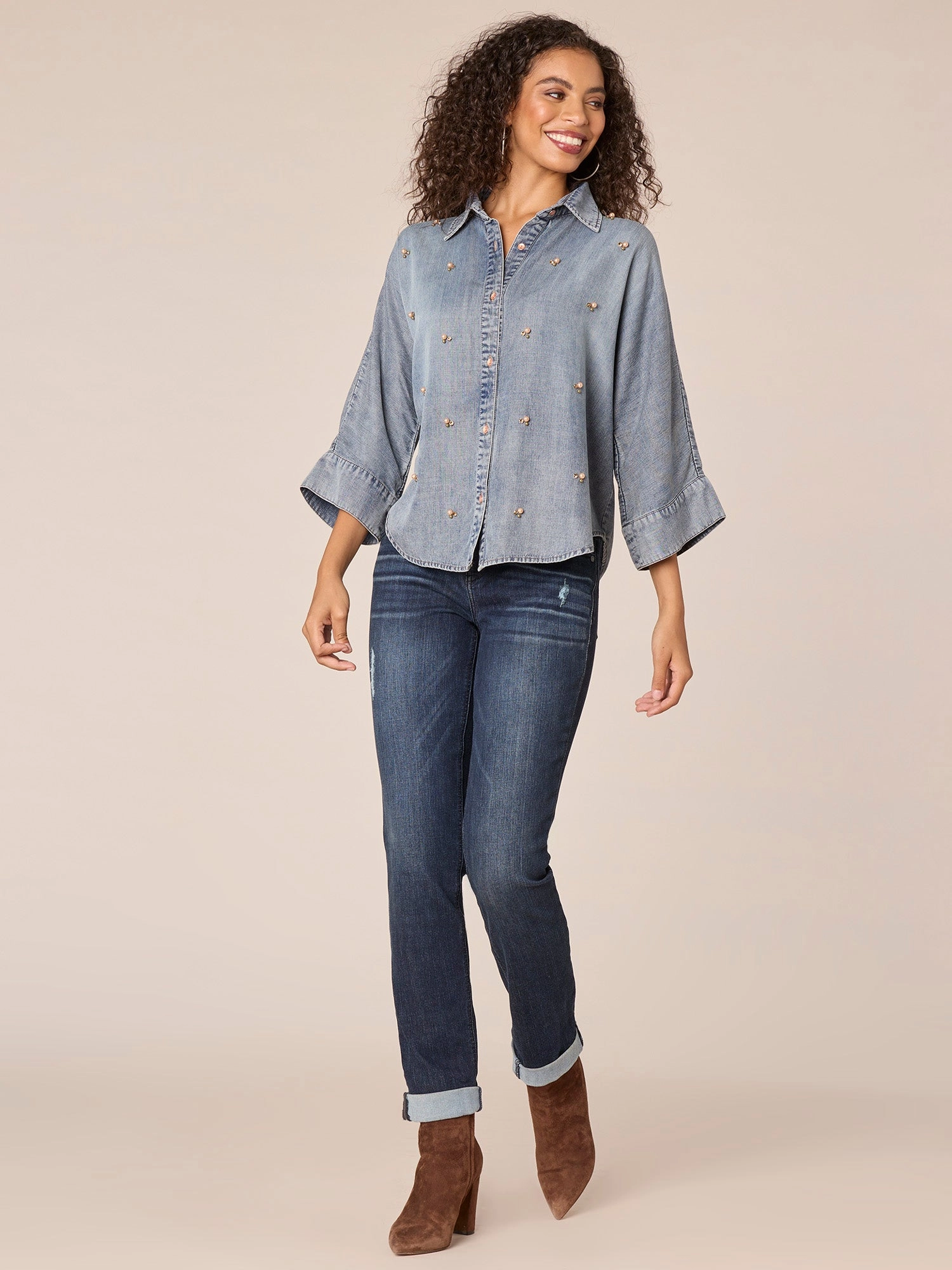 Three Quarter Sleeve Button Down Front Embellished Petite Knit Top