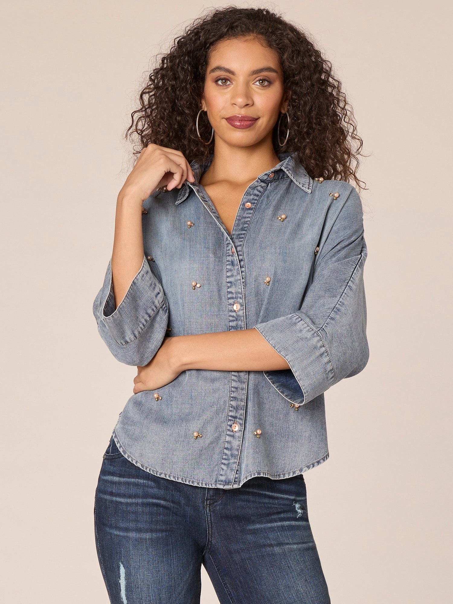 Three Quarter Sleeve Button Down Front Embellished Petite Knit Top