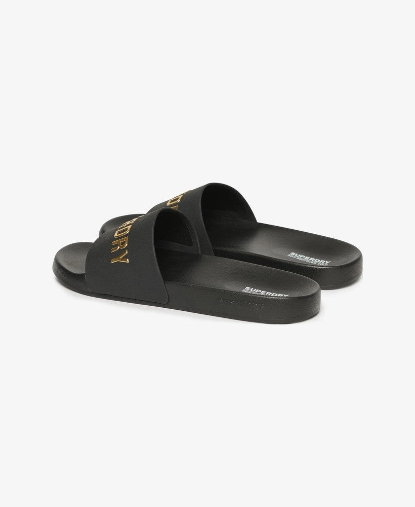 Vegan Logo Pool Slides | Black/Metallic Gold