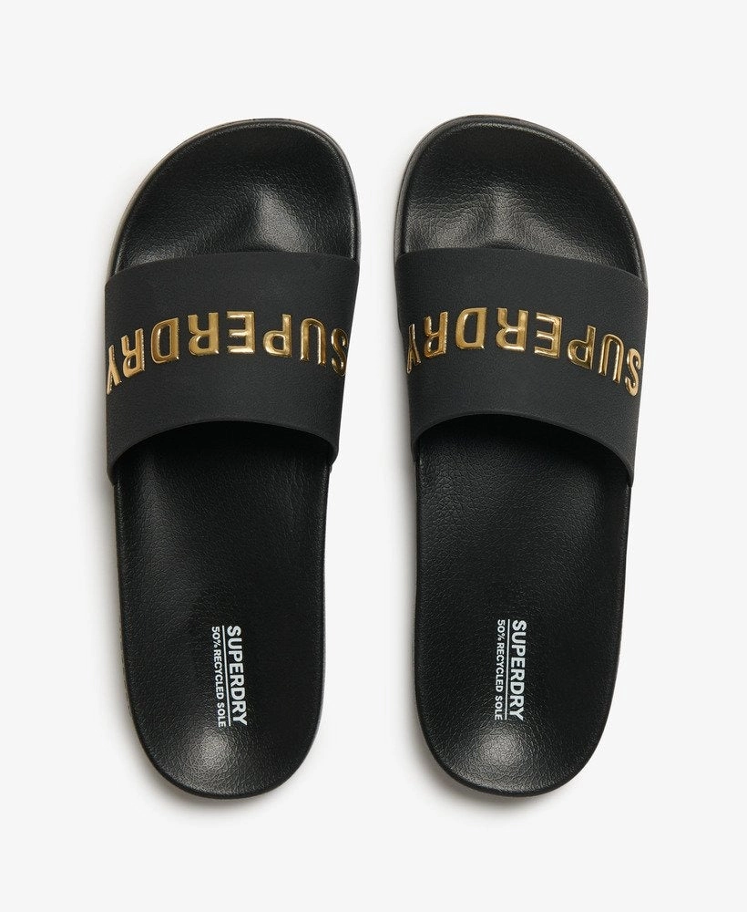 Vegan Logo Pool Slides | Black/Metallic Gold