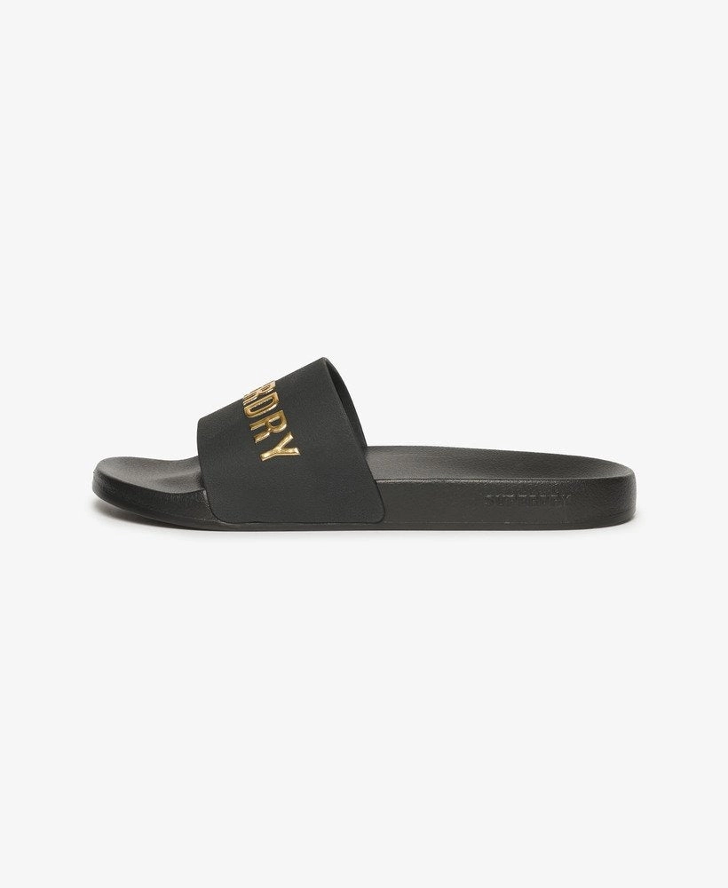Vegan Logo Pool Slides | Black/Metallic Gold
