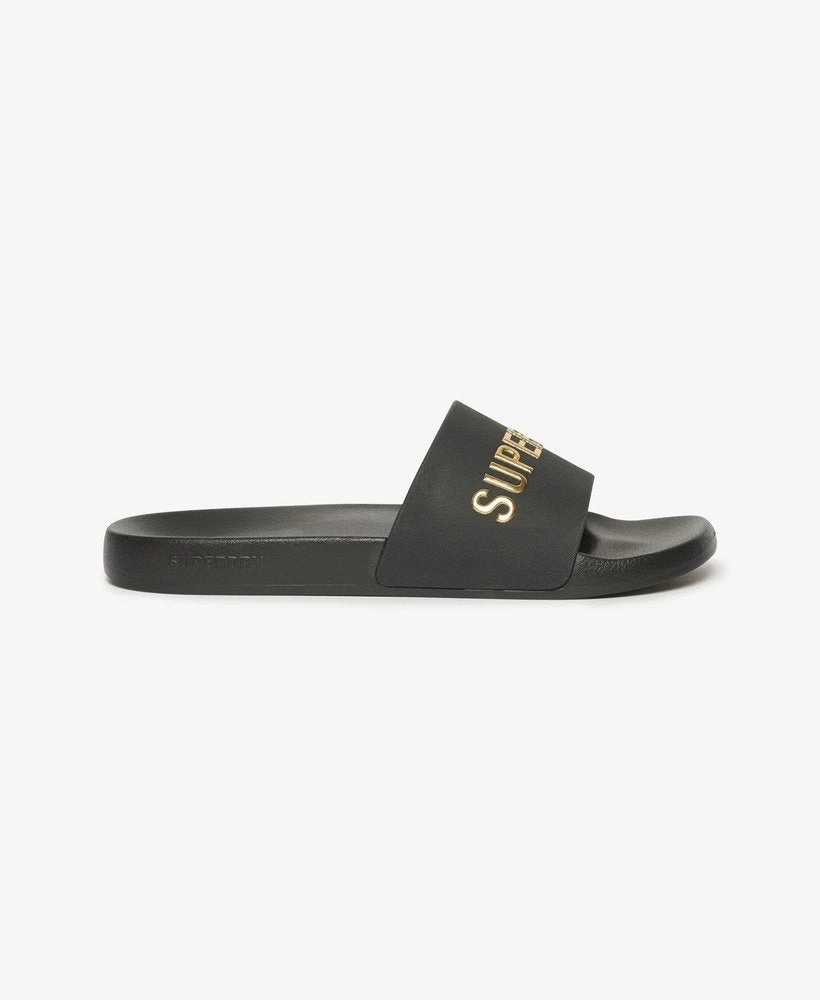 Vegan Logo Pool Slides | Black/Metallic Gold