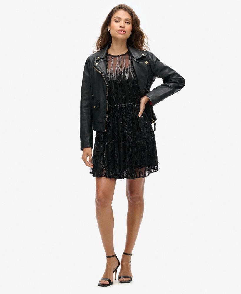 Volume Tiered Mesh Mini Dress | Tassle Black Sequin