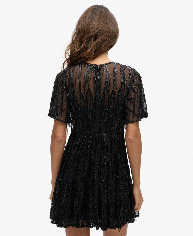 Volume Tiered Mesh Mini Dress | Tassle Black Sequin