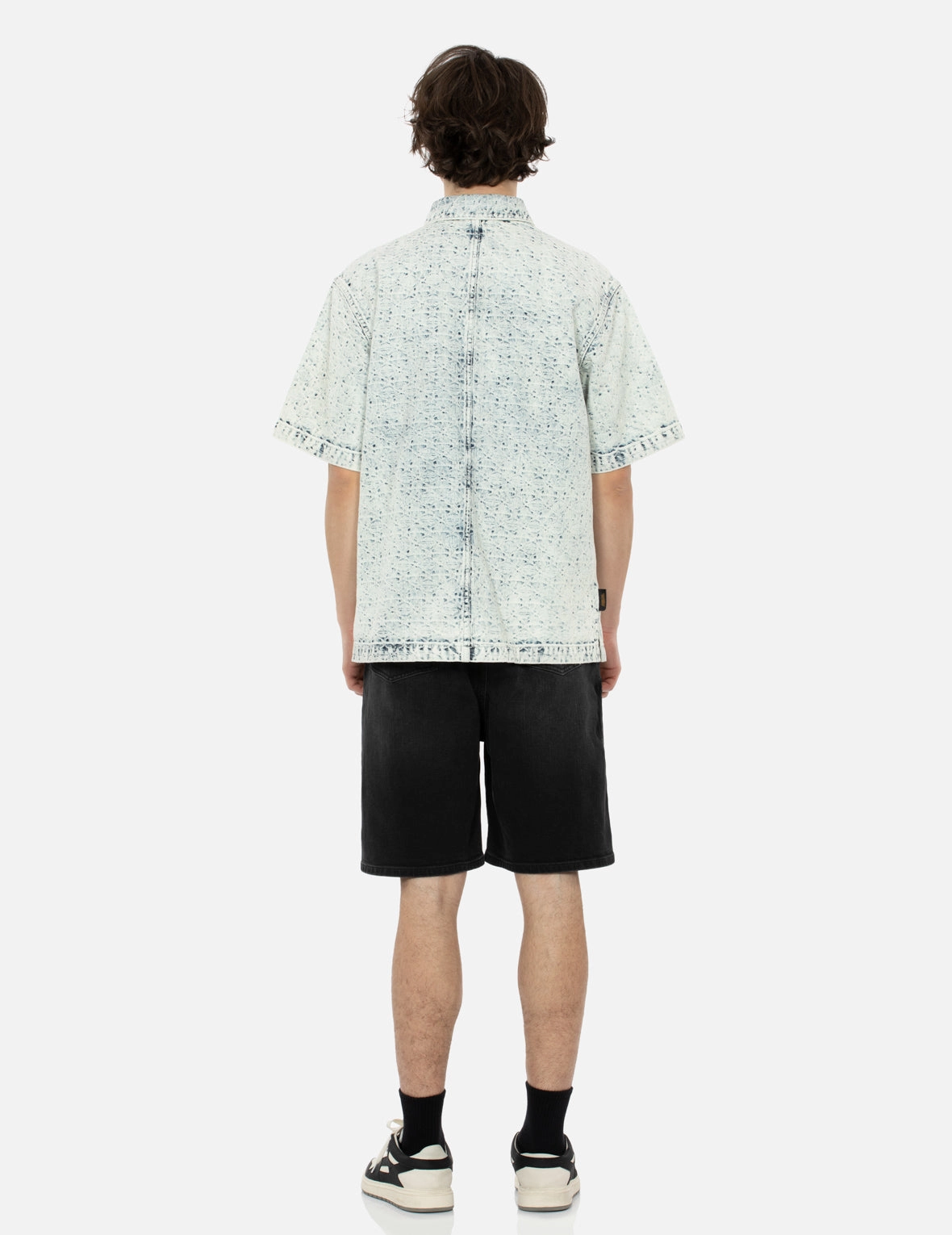 Washed Allover Kamon Jacquard and Seagull Embroidery Boxy Denim Shirt