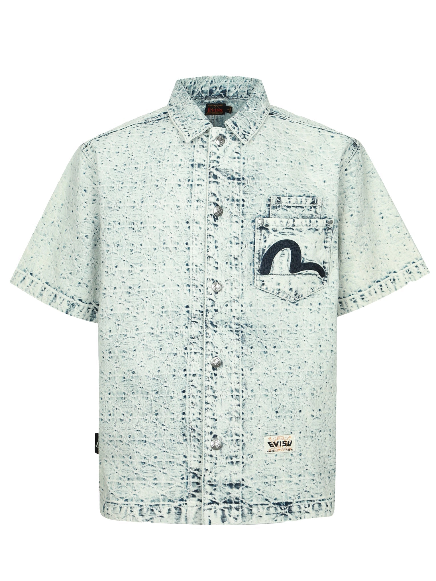 Washed Allover Kamon Jacquard and Seagull Embroidery Boxy Denim Shirt