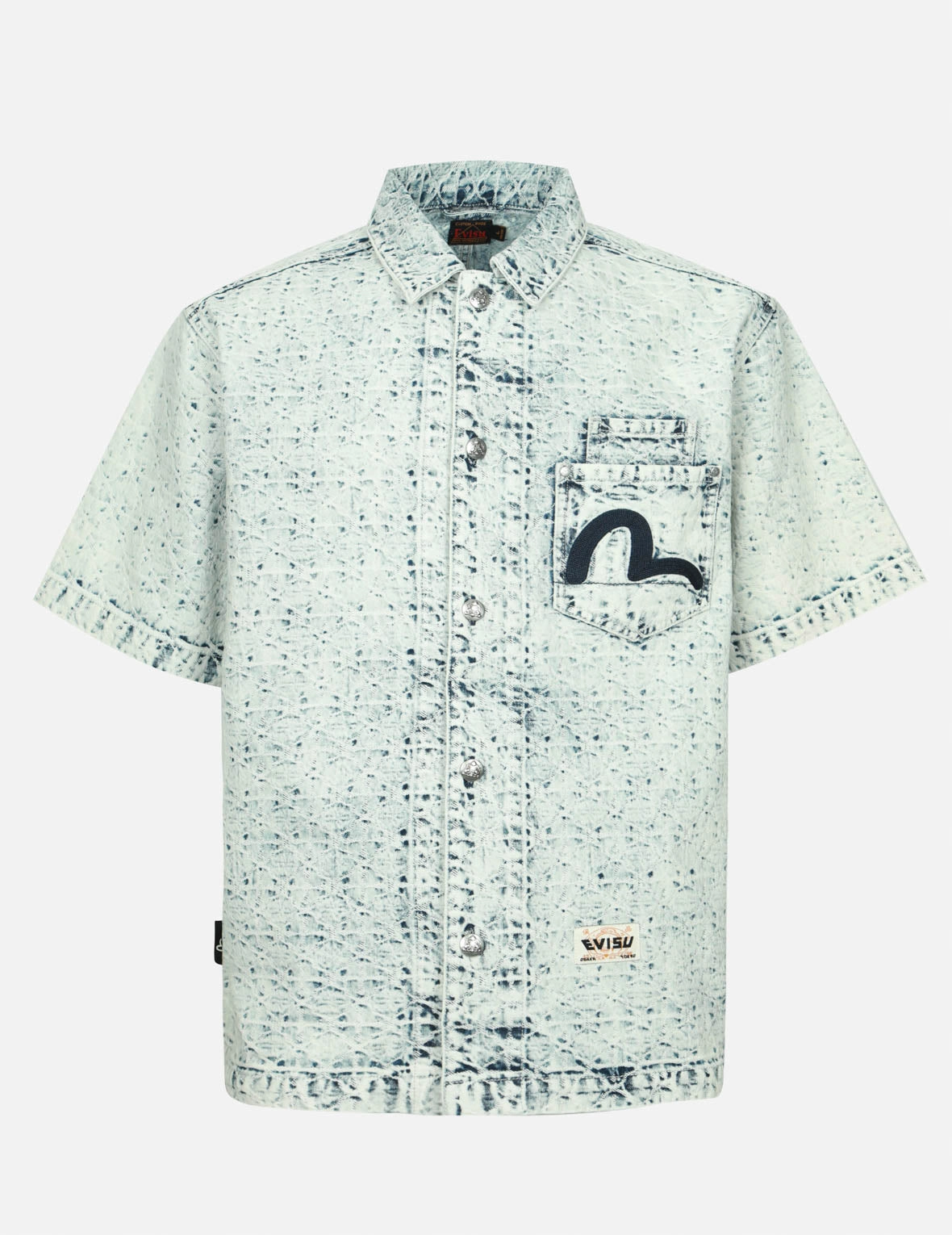 Washed Allover Kamon Jacquard and Seagull Embroidery Boxy Denim Shirt
