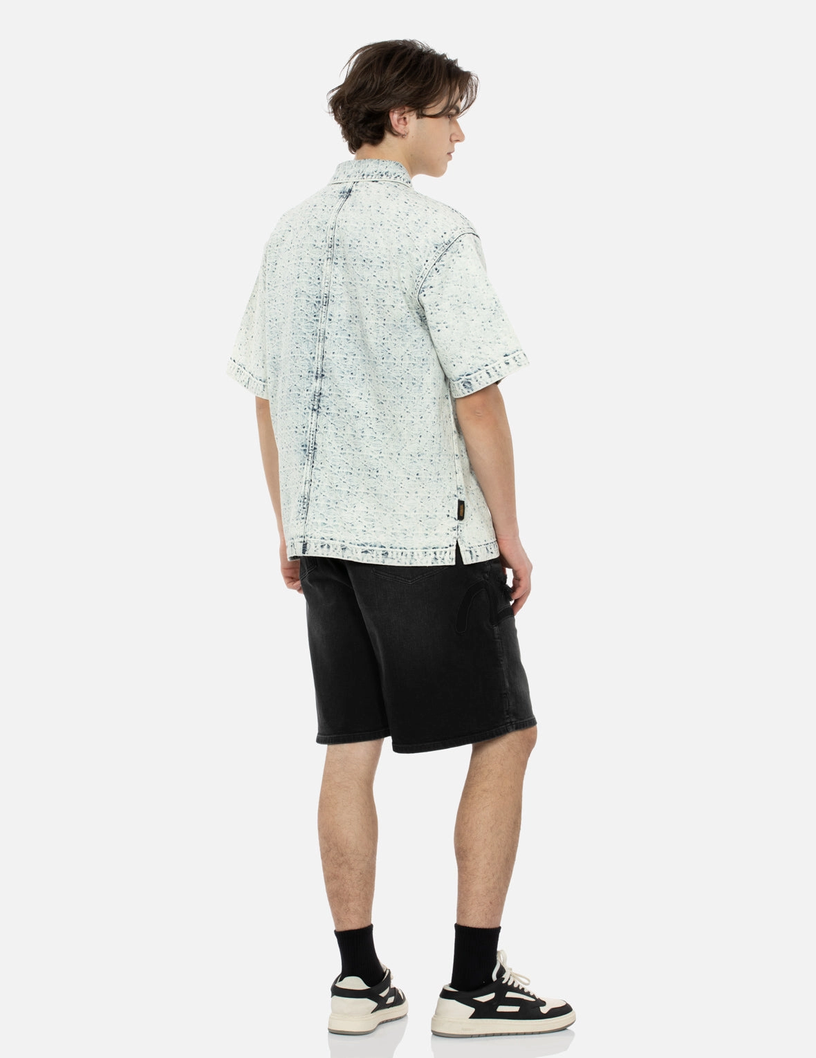 Washed Allover Kamon Jacquard and Seagull Embroidery Boxy Denim Shirt