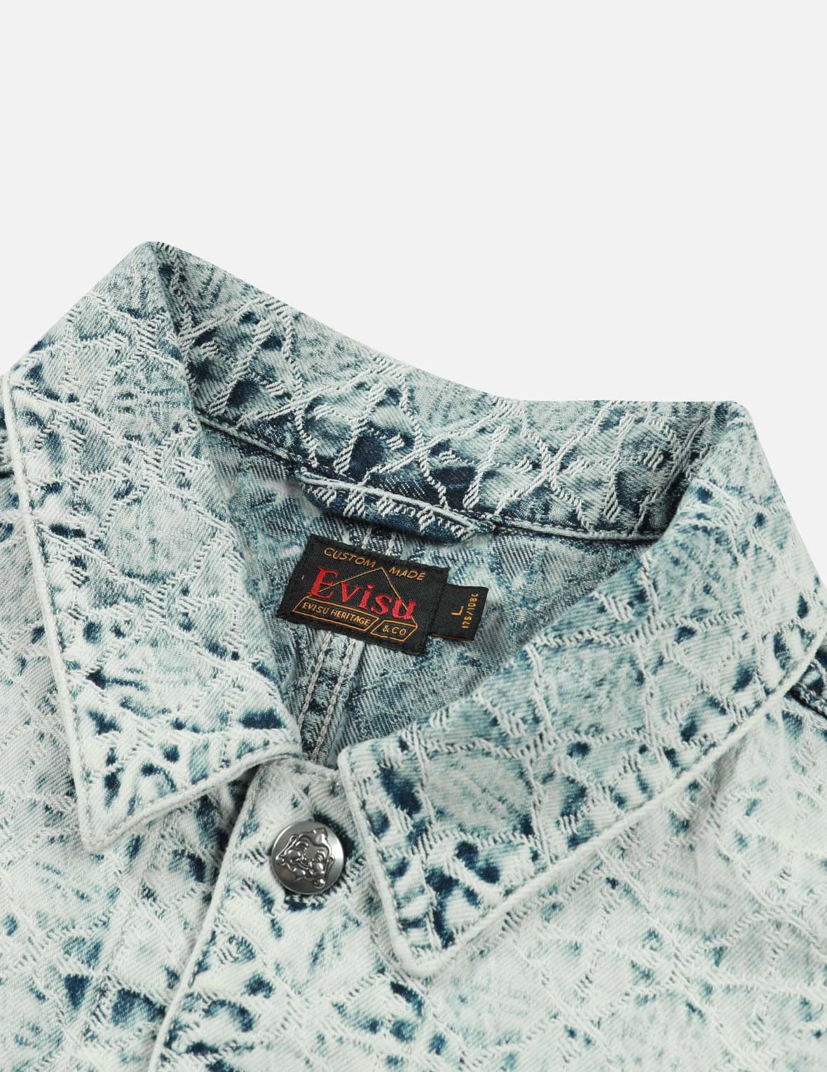 Washed Allover Kamon Jacquard and Seagull Embroidery Boxy Denim Shirt