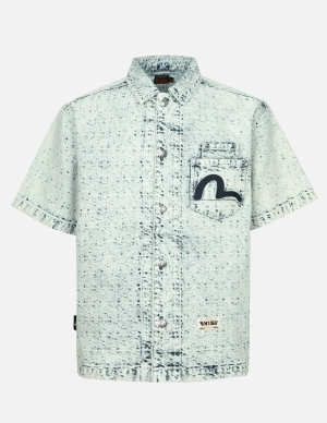 Washed Allover Kamon Jacquard and Seagull Embroidery Boxy Denim Shirt