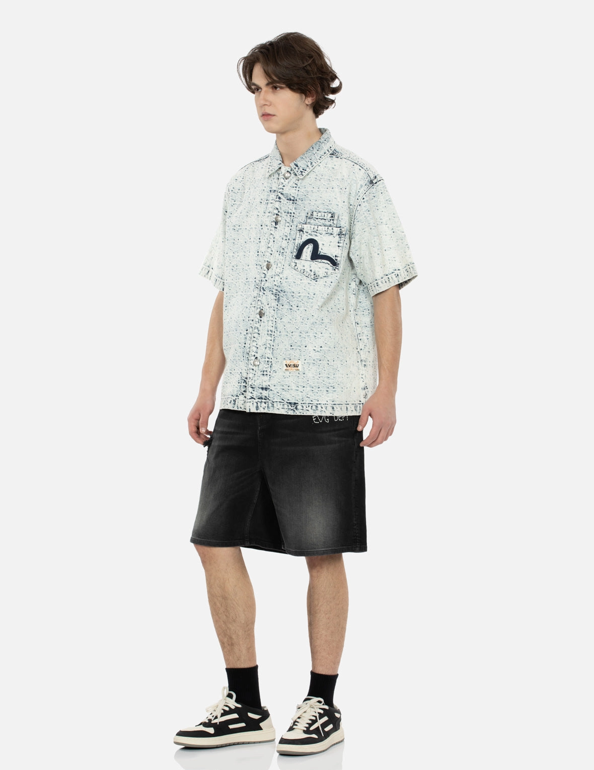Washed Allover Kamon Jacquard and Seagull Embroidery Boxy Denim Shirt
