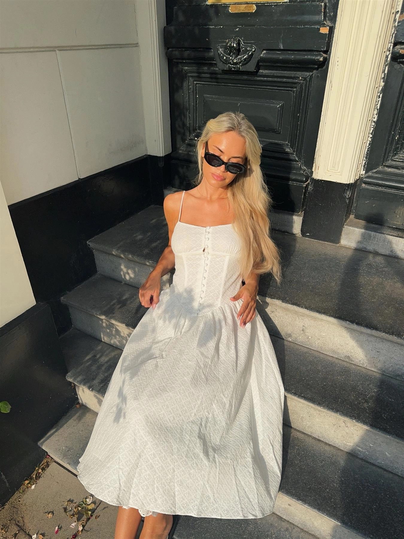 White Broderie Pleated Maxi-Dress