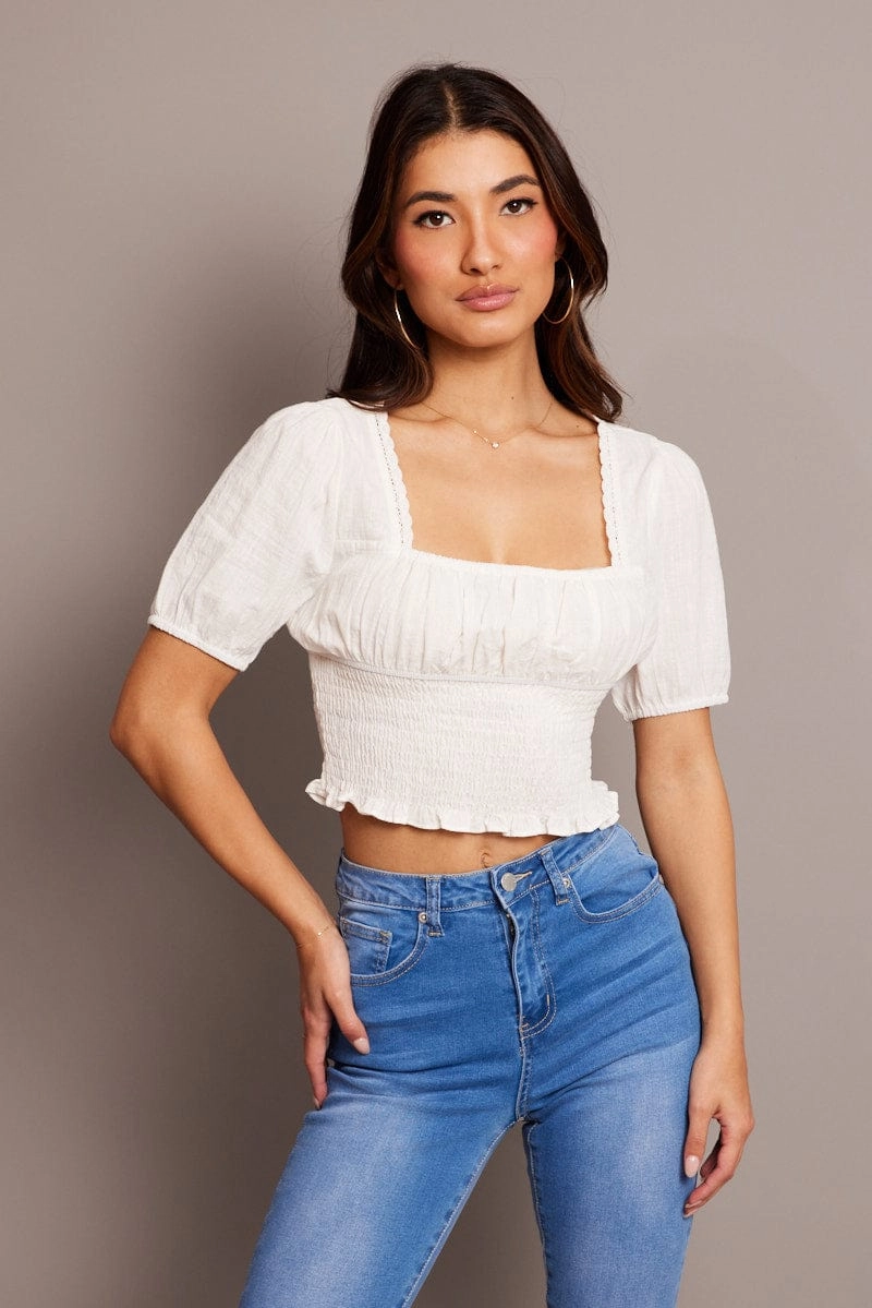 White Crop Top Short Sleeve Shirred Waist