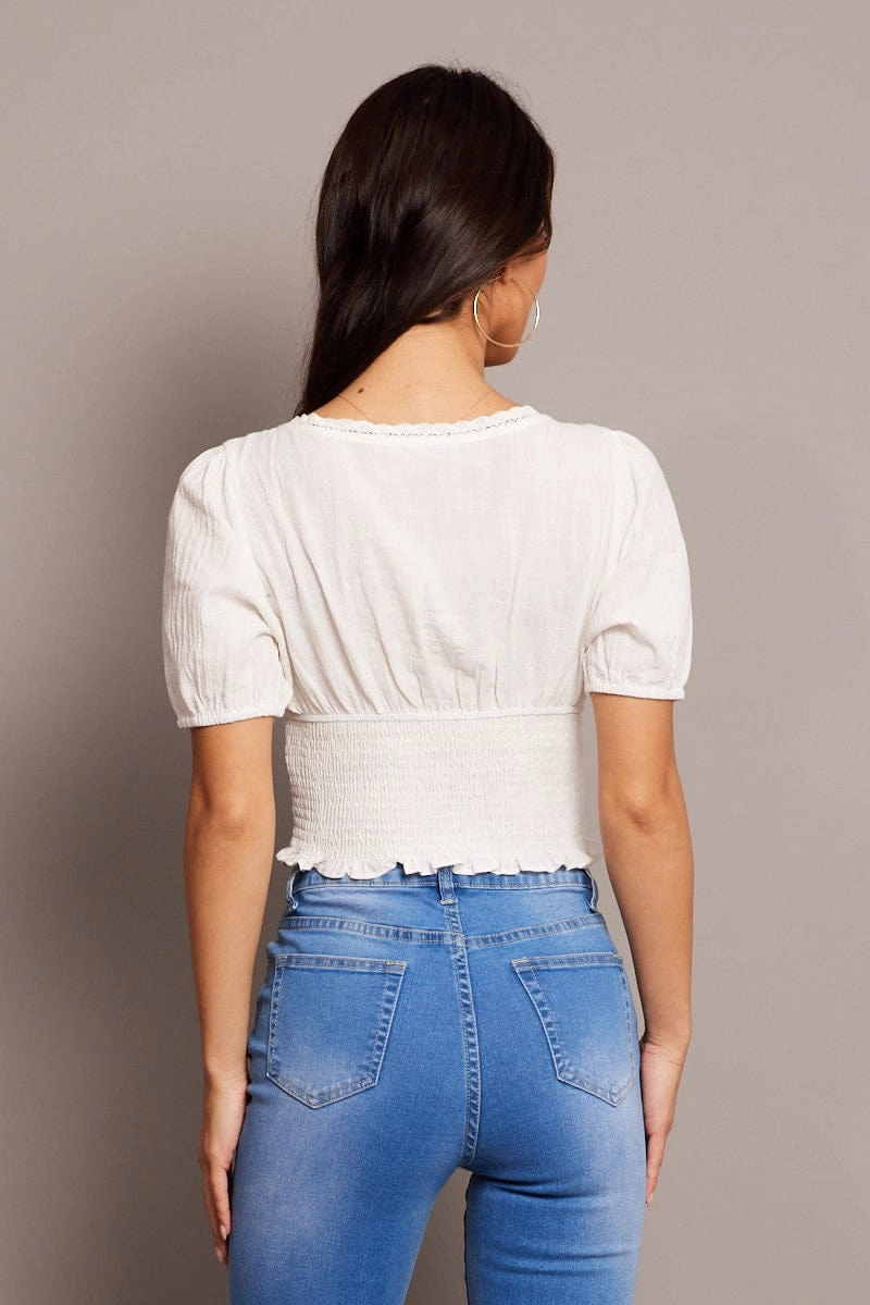 White Crop Top Short Sleeve Shirred Waist