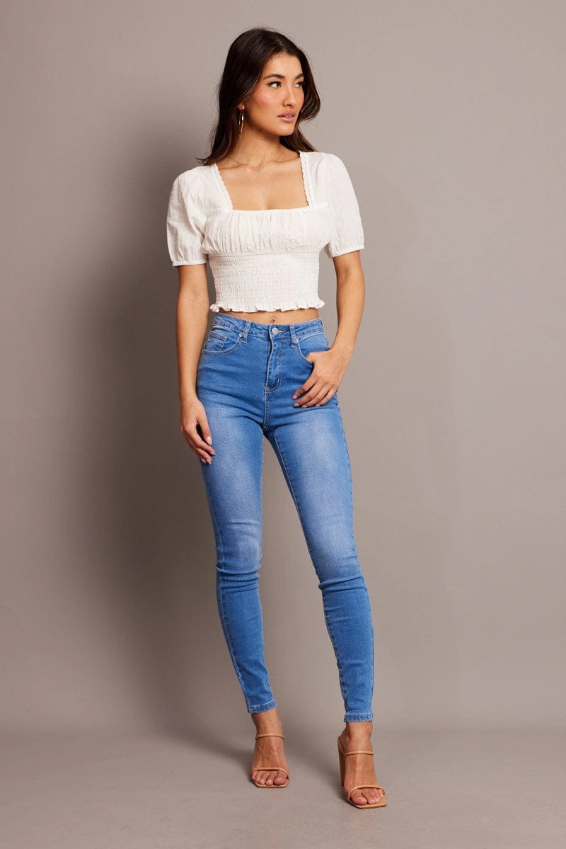 White Crop Top Short Sleeve Shirred Waist