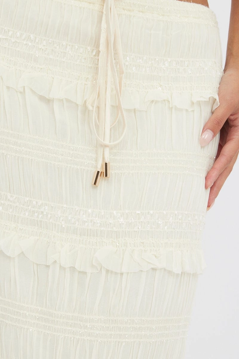 White Maxi Skirt Elastic Waistband Ruffle Textured
