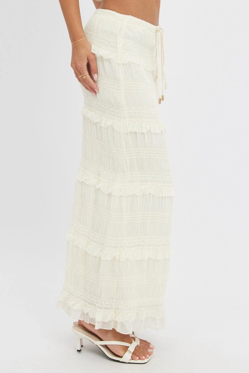 White Maxi Skirt Elastic Waistband Ruffle Textured