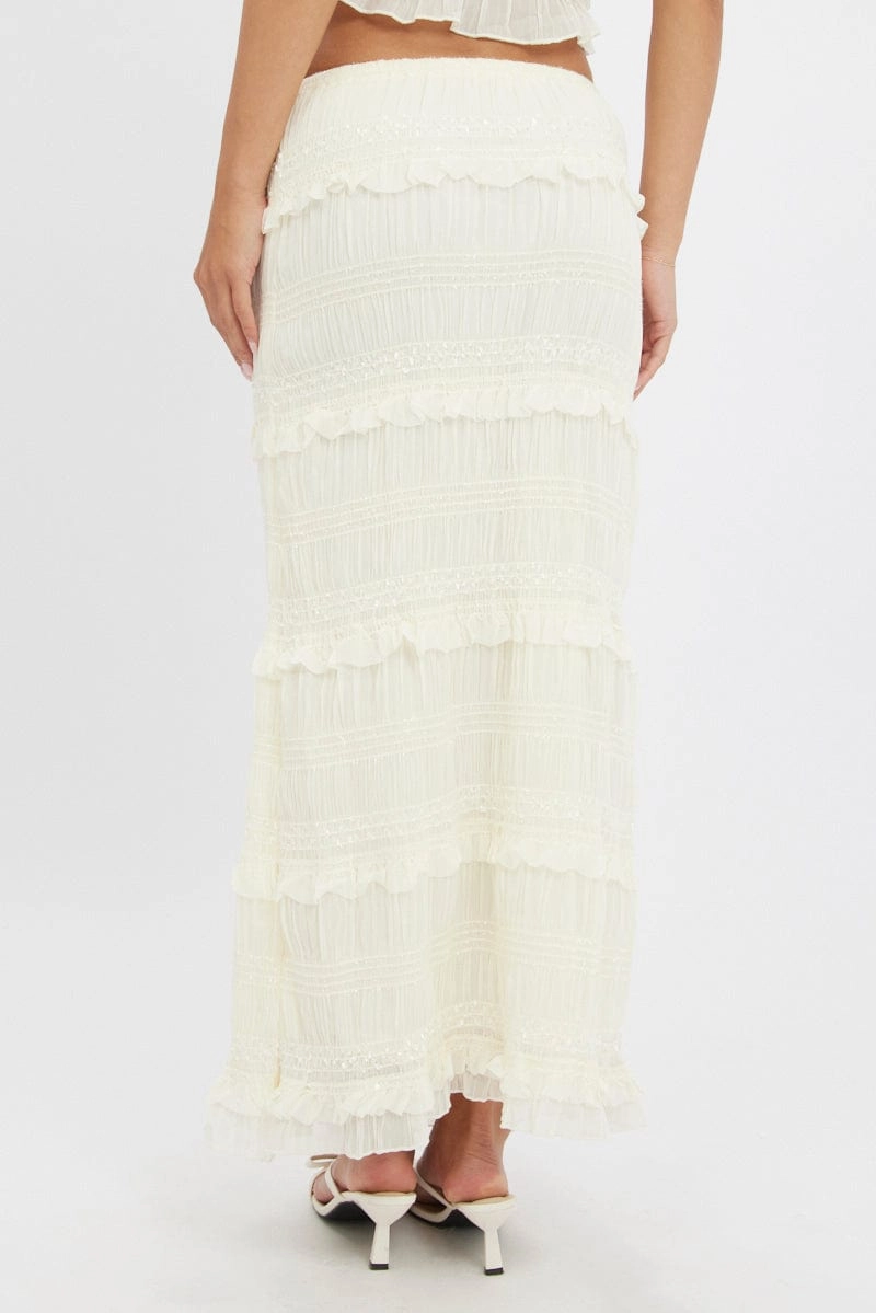 White Maxi Skirt Elastic Waistband Ruffle Textured