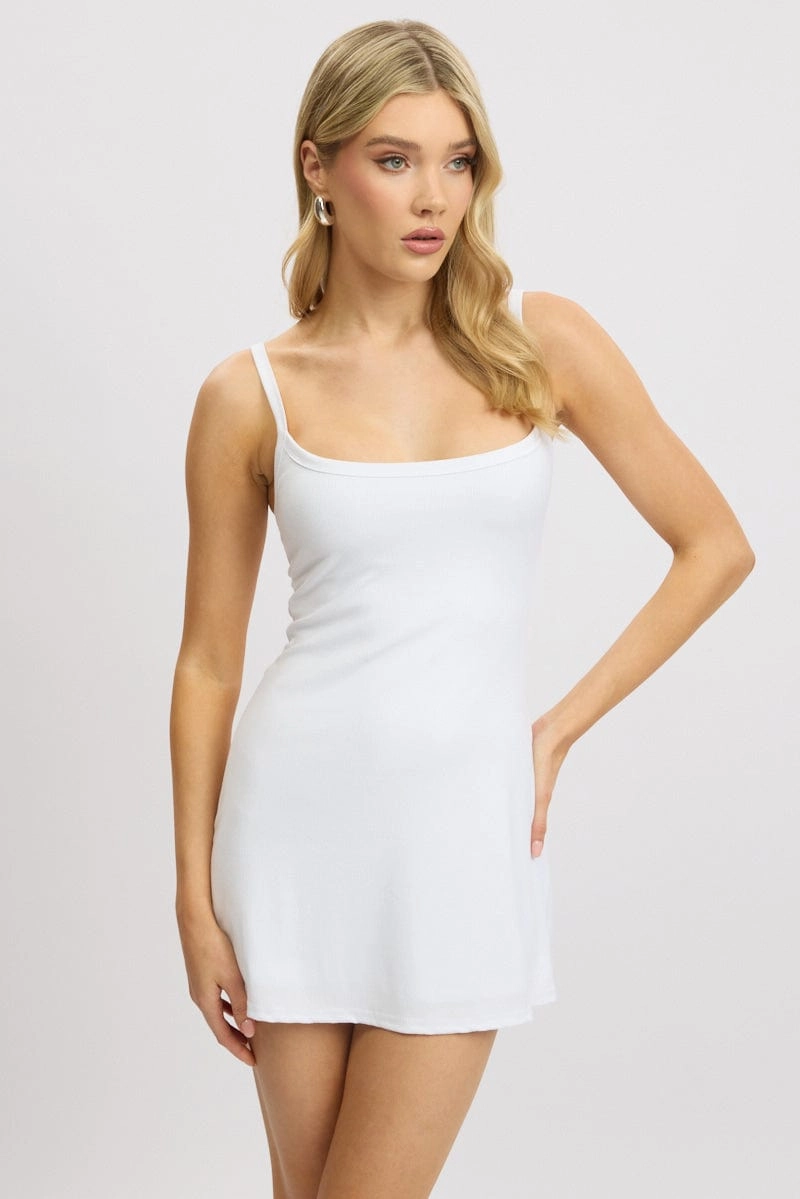 White Mini Dress Sleeveless Rib A-Line