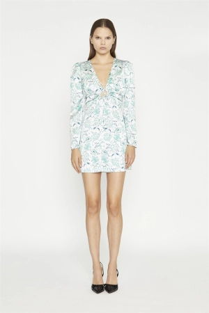 White-Mint Paisley Satin Gathered Keyhole Mini-Dress