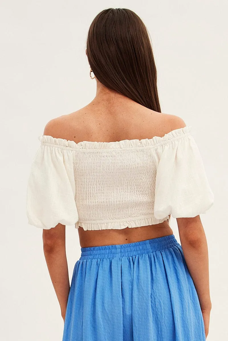 White Shirred Top Volume Short Sleeve Crop Linen Blend