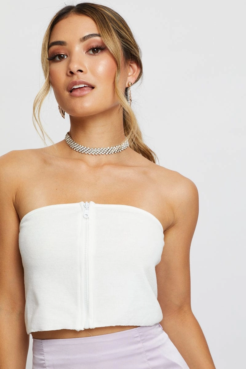 White Zip Front Bandeau Top