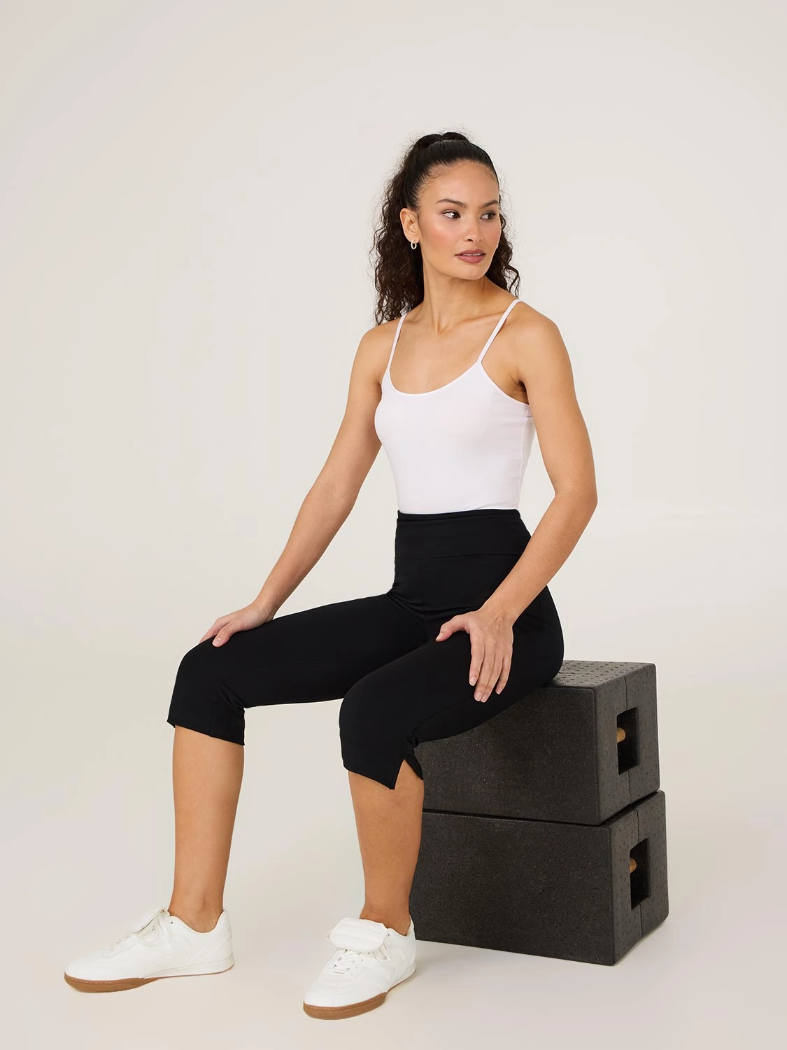 Wide Waistband Capri Pants With Slit Hem