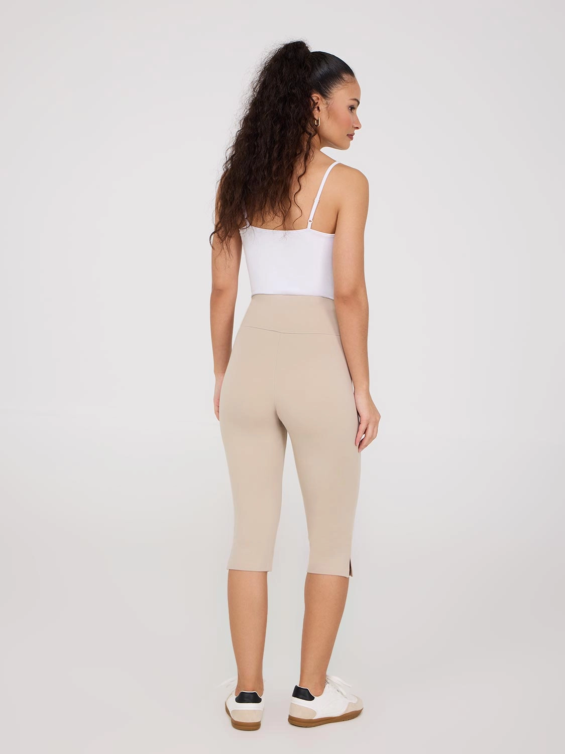 Wide Waistband Capri Pants With Slit Hem