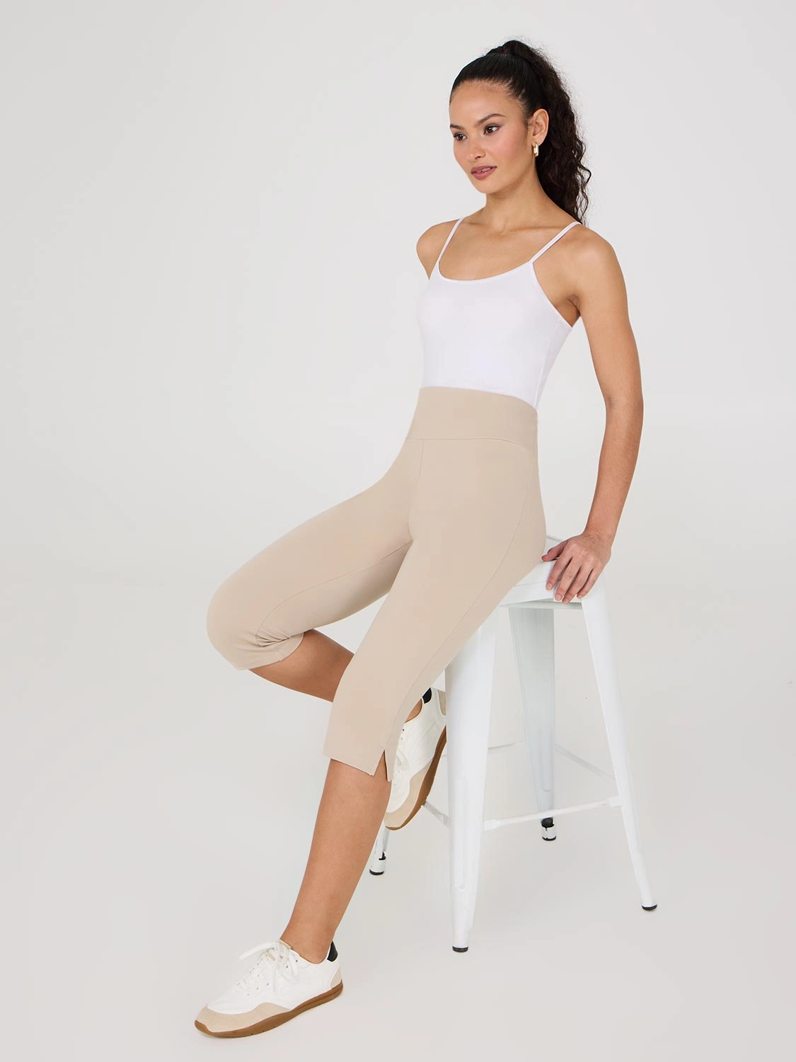 Wide Waistband Capri Pants With Slit Hem