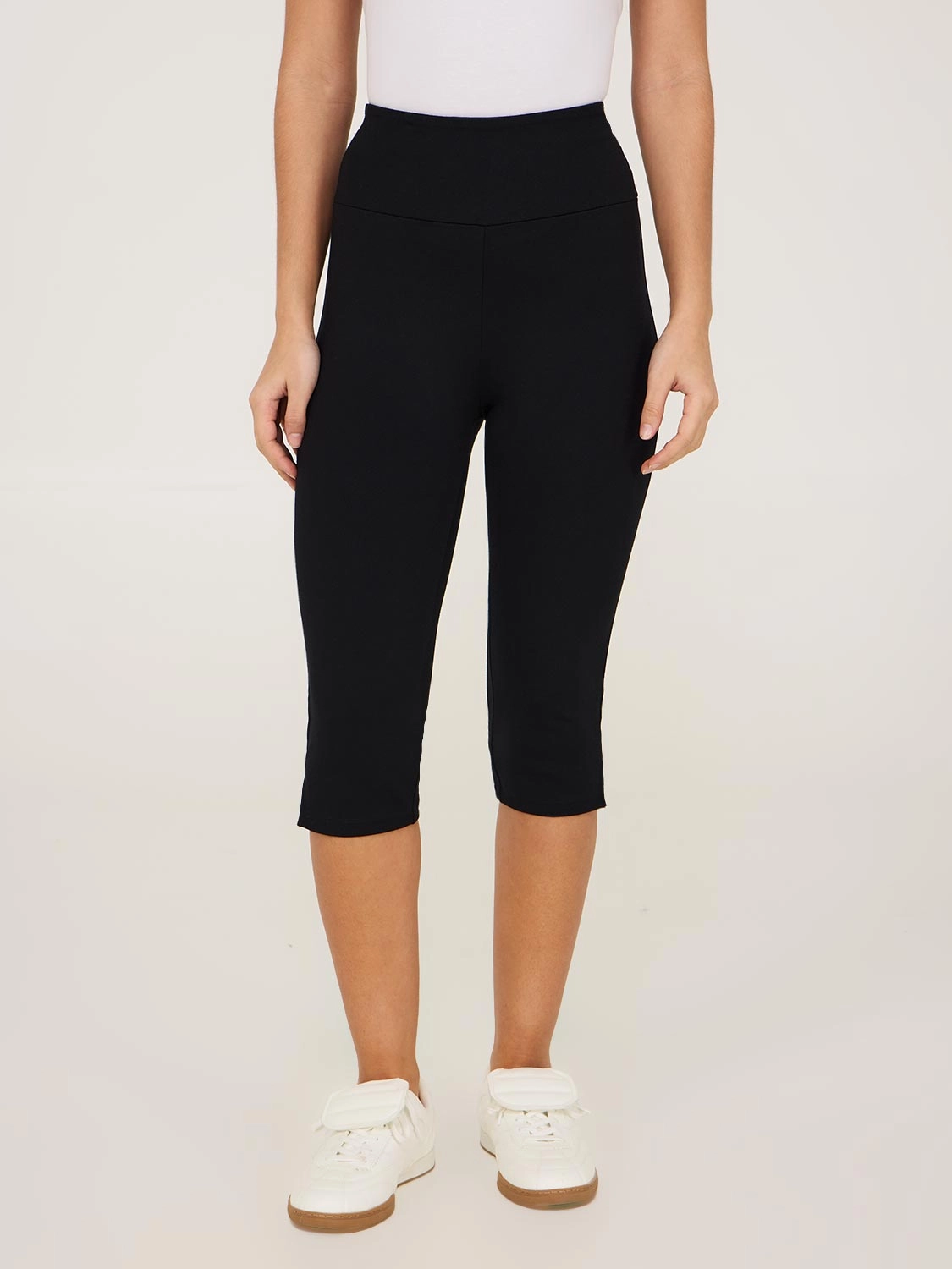 Wide Waistband Capri Pants With Slit Hem