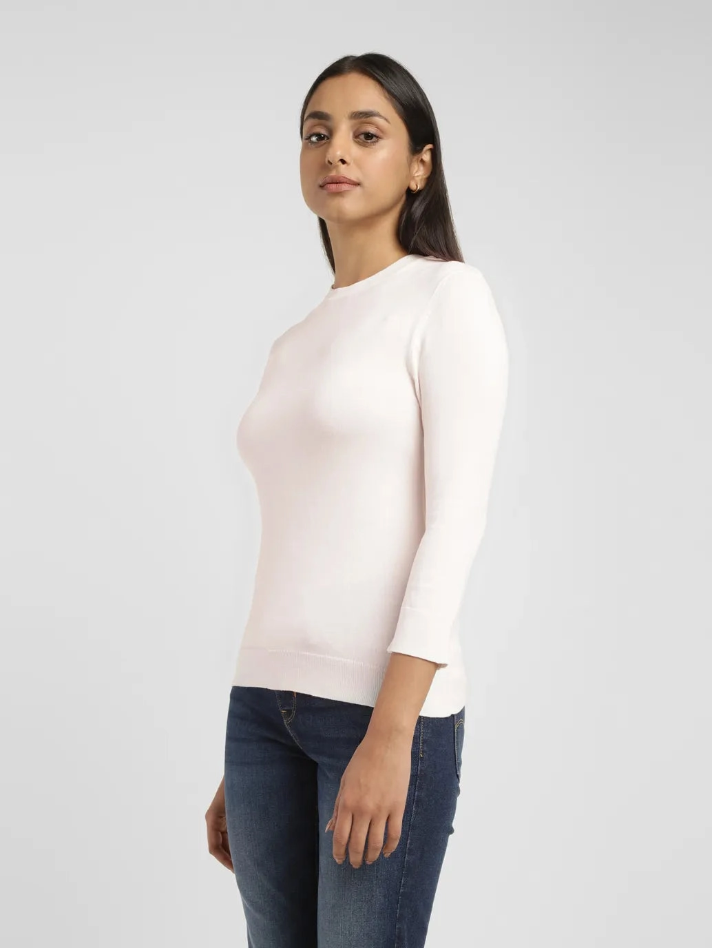 Women's Solid White Crew Neck Sweater