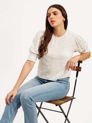 Women's Textured Black Round Neck Top