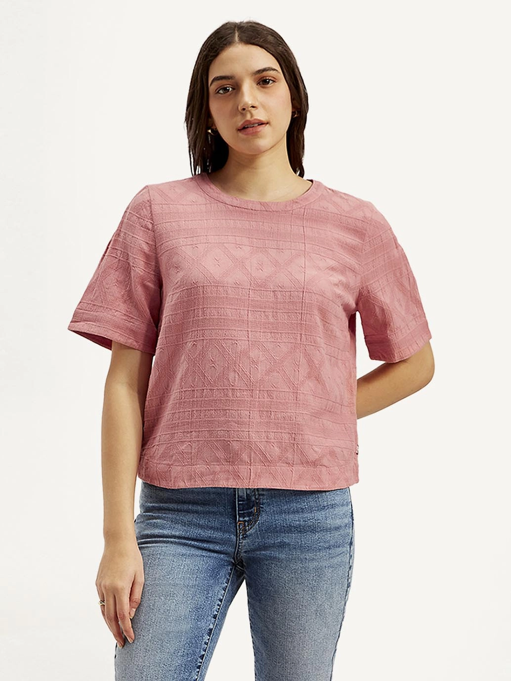 Women's Textured Pink Round Neck Top