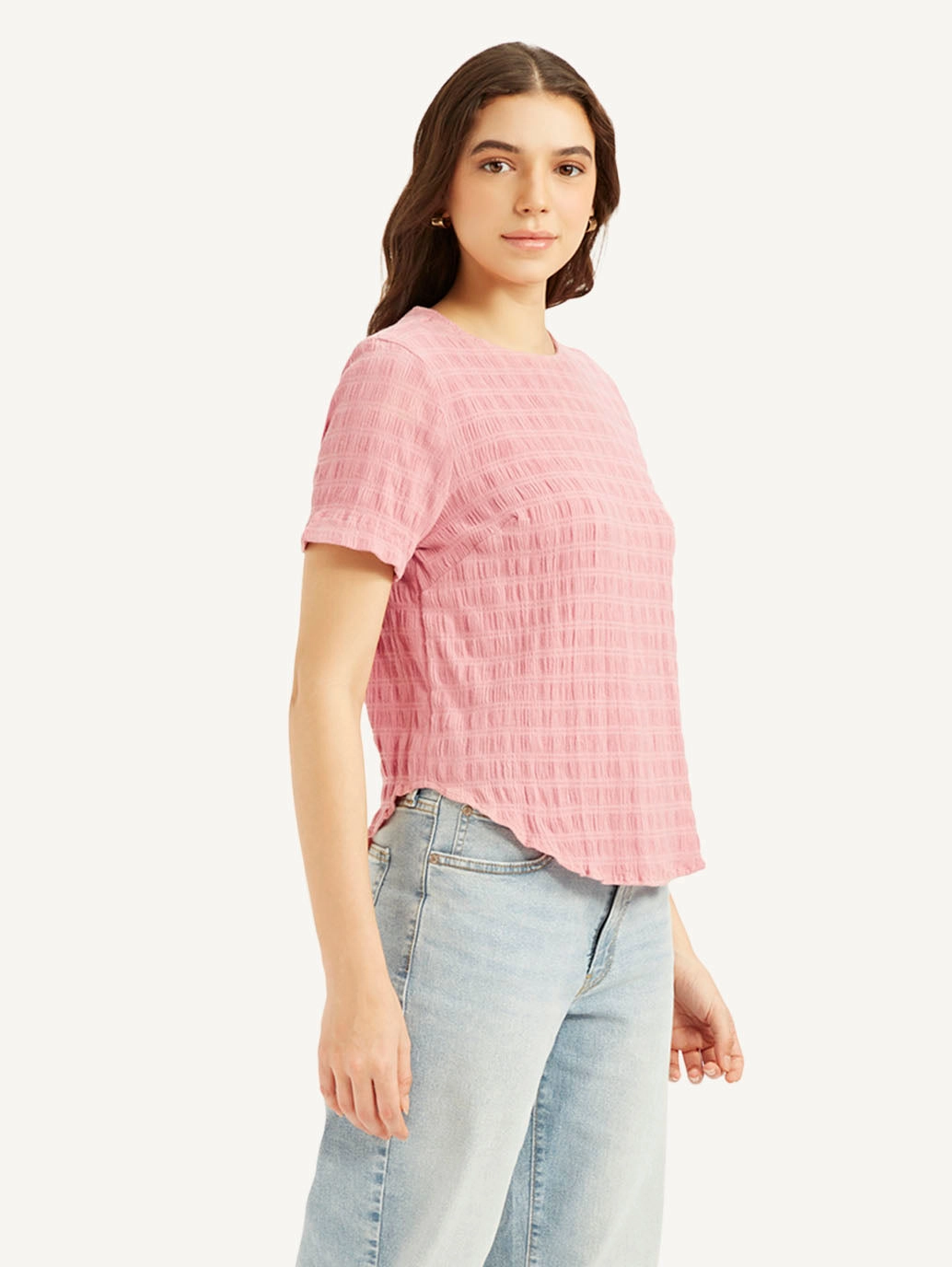 Women's Textured Pink Round Neck Top