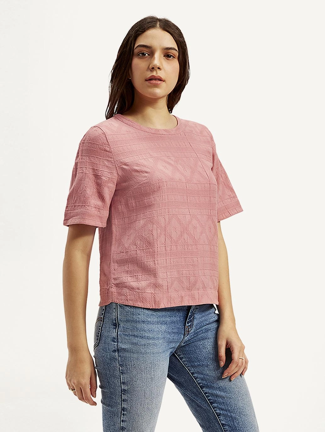 Women's Textured Pink Round Neck Top