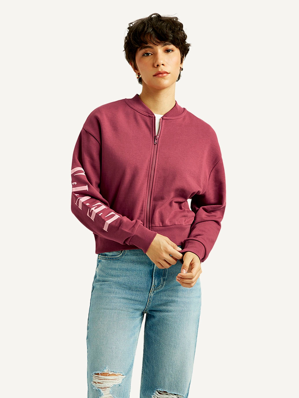 Women's Typographic Burgundy Bomber Jacket