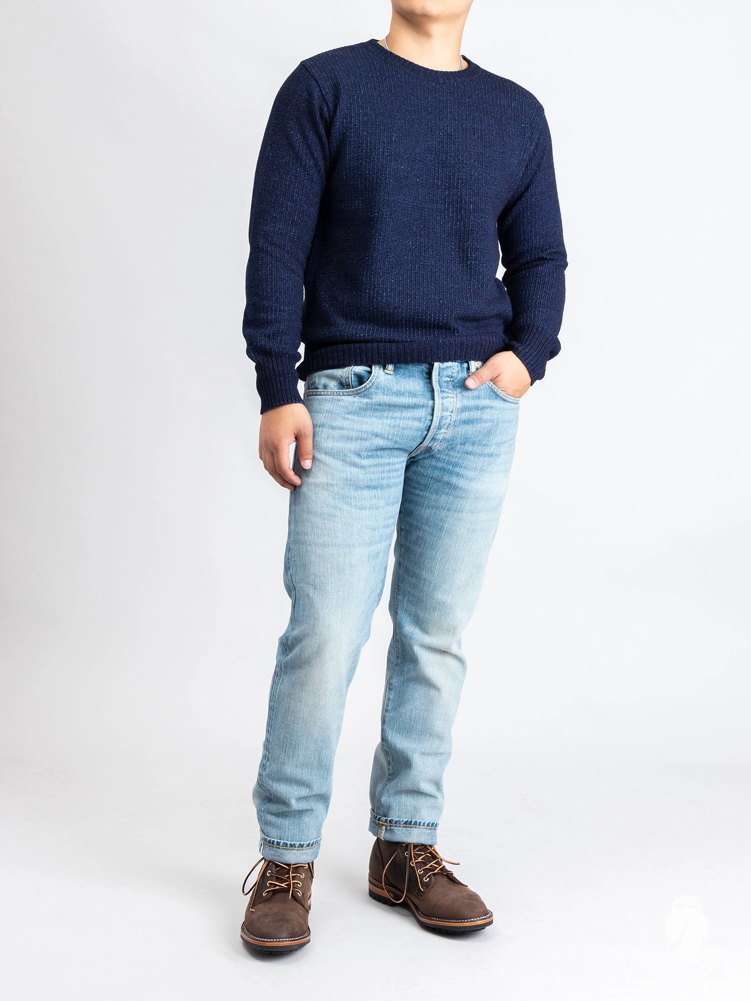 Yarn-Dyed Knit Crewneck Sweater in Indigo