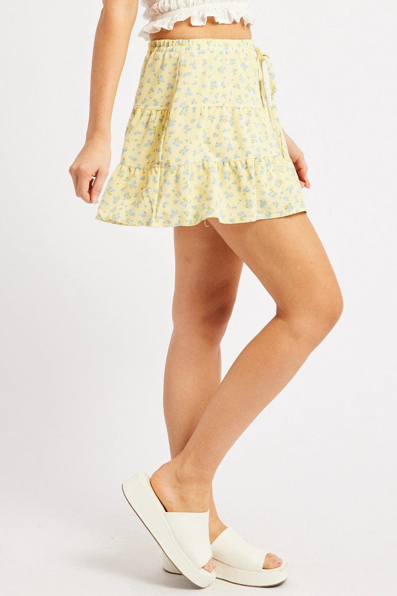 Yellow Ditsy Skater Skirt High Rise Tiered Mini Lined