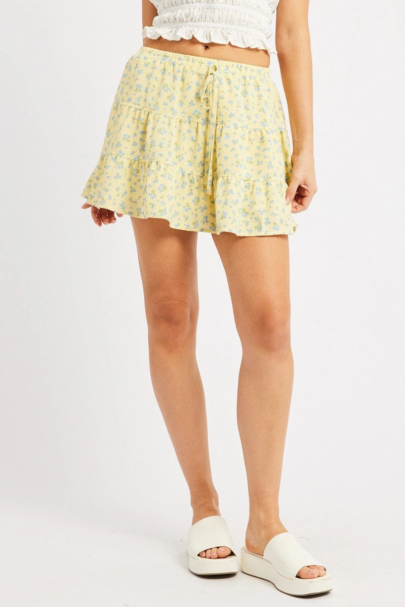 Yellow Ditsy Skater Skirt High Rise Tiered Mini Lined