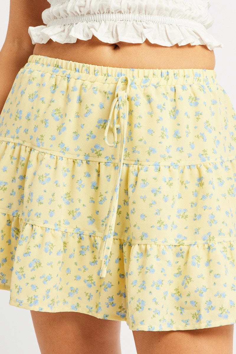 Yellow Ditsy Skater Skirt High Rise Tiered Mini Lined