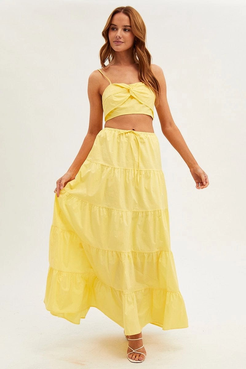 Yellow Maxi Skirt Elastic Waist Tiered