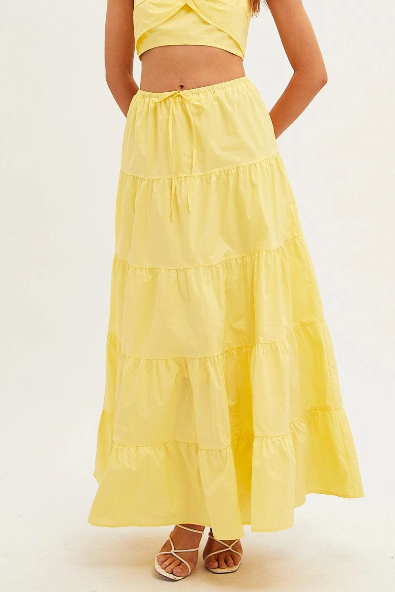 Yellow Maxi Skirt Elastic Waist Tiered